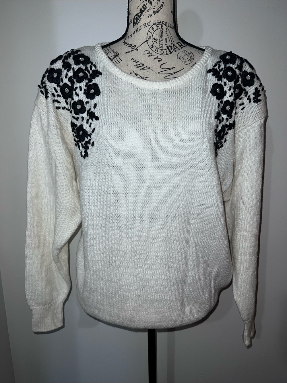Vintage Chinawear Floral Embroidered Pearl Beaded Knit Sweater - Size 18W/38